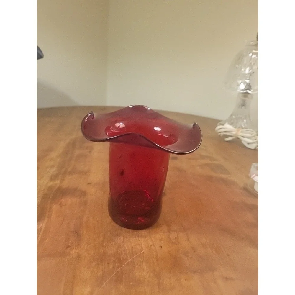 Vintage Bischoff Red Vase,‎ Hand Blown Dimpled Vase with Folded Rim
